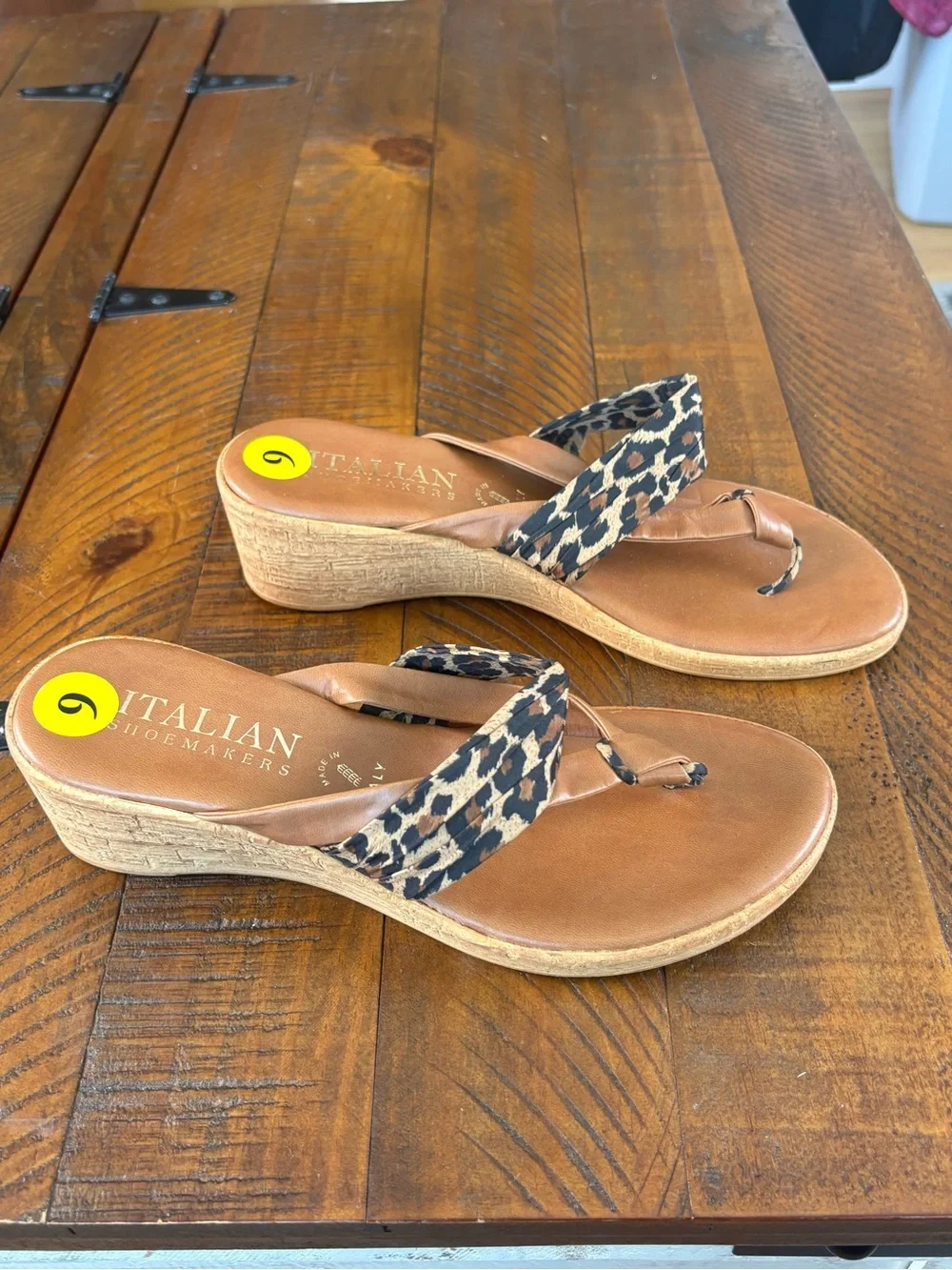Italian Shoemakers Leopard Print Wedge Thong Sandals in Tan and Black